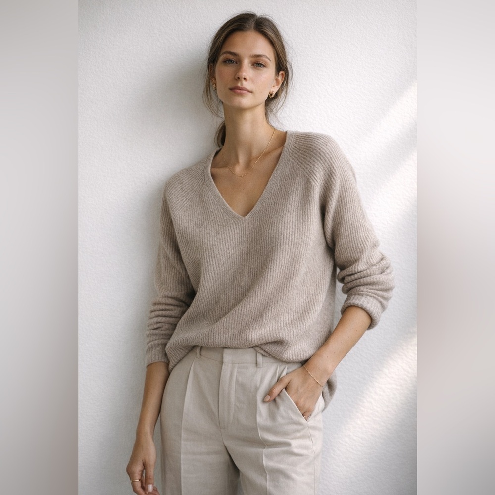 Vince Wool Cashmere Ribbed Sweater Taupe | Size M Minimalist Knit